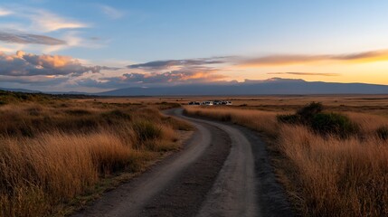 Fototapeta premium African Savanna Sunset Landscape with Dirt Road and Parked Safari Vehicles