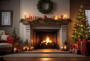 A festive holiday vignette around the fireplace, greenery, wreath
