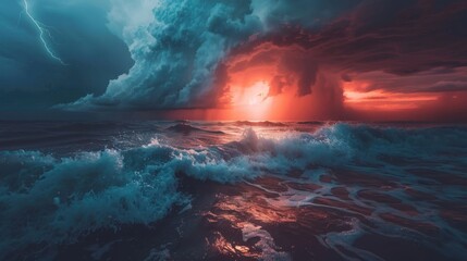 Naklejka premium Lightning's abstract streaks light up the sky. Thunder rolls, signaling the storm's intensity.