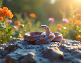 Colorful Small Snake Coiled on a Sunlit Rock in a Vibrant Garden
