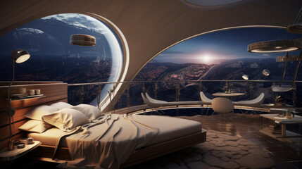 Futuristic bedroom with panoramic cityscape and sunrise view