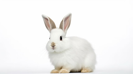 Obraz premium Adorable White Fluffy Bunny Rabbit Sitting on White Background