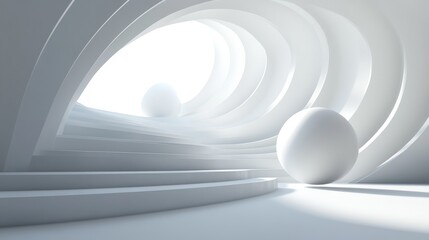 Abstract white architectural interior with spheres and curved walls.