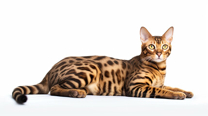 Closeup of a Bengal Cat Lying on White Background