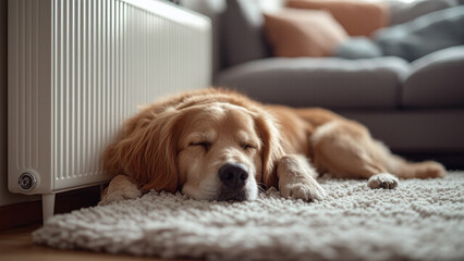 Fototapeta na wymiar Dog Freezing during Cold Winter Season Wrapped in Warm Blanket by Central Heating Radiator