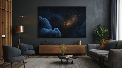 Cosmic Canvas in Modern Living Room: A large, captivating artwork depicting a swirling nebula in deep blues and golds hangs as a statement piece above a modern living room console.