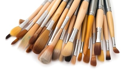 Isolated set of artist paintbrushes with wooden handles isolated on solid white background.