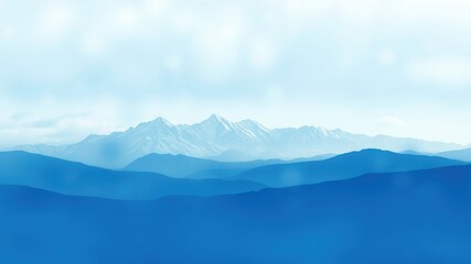 A serene vista of a majestic mountain range, bathed in the soft light of a gentle dawn, a symphony of blue hues that evoke a sense of calm and tranquility.