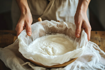 Photo of hands holding cheesecloth filled with yogurt during the straining process, set on a wooden table with natural light and a rustic kitchen atmosphere