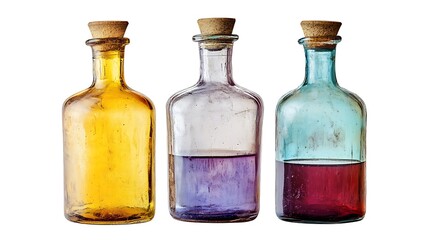 Isolated set of three vintage glass bottles with different colored liquids isolated on solid white background.
