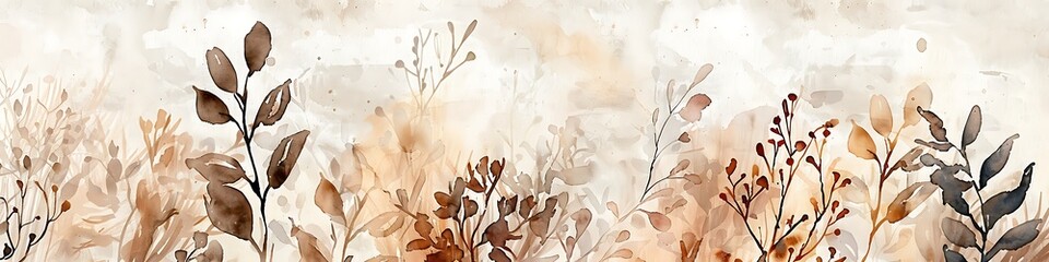 Abstract watercolor painting on a large canvas with dry plants in brown, beige, and white. Soft textures and gentle, flowing lines.