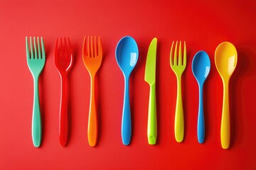 Colored plastic utensils on red background  Colored plastic utensils on red background