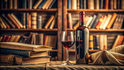 A bottle of red wine nestled among books and wine-related accessories in a cozy study, wine bottles, library decor, bookshelf, classic style