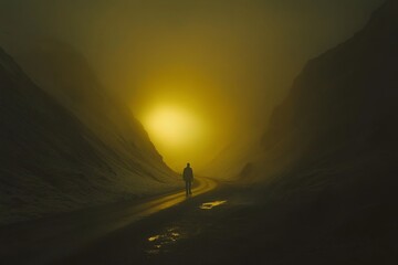 Solitary figure walking on a foggy mountain road towards a bright light.