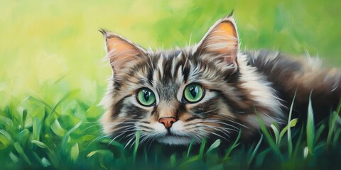 Curious Norwegian forest cat exploring its surroundings, showcasing its inquisitive nature against a vibrant green background. This Norwegian forest cat captivates with its playful demeanor.