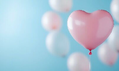 Pink heart balloon floats against pastel blue background with blurred balloons; romantic, celebratory design