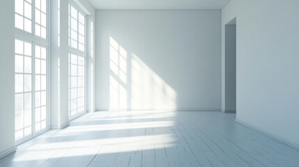 Fototapeta premium Sunlit empty room with white walls, large windows, and light wood floor.