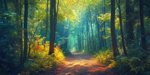 Fototapeta premium Nature walk through a forest, embracing the beauty of mother nature during springtime. Experience the vibrant essence of nature in the forest as you wander through this serene landscape.