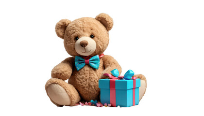A teddy bear wearing a cute bowtie, holding a heart-shaped gift box, creating a festive mood, only on a transparent PNG background