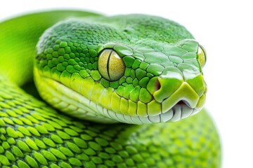 Fototapeta premium Bright green snake rests comfortably, showcasing vibrant colors and intricate patterns in a natural setting