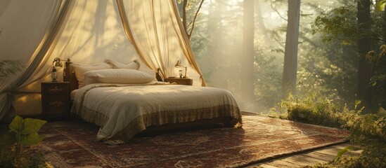Romantic bed inside a forest canopy tent at sunrise.