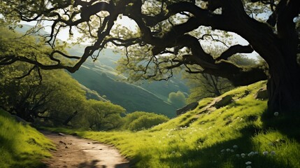 Spring hike with fresh green landscapes, backlighting, light background with space on the right side of the frame,generative ai illustration