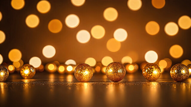 A soft, blurred bokeh light background with warm golden and orange tones. The glowing orbs create a festive and dreamy atmoshere