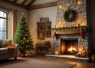A beautifully decorated Christmas tree in front of a stone fireplace with a wooden mantel, festive, holiday