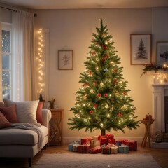 A beautifully decorated Christmas tree in a cozy living room with fairy lights, warm ambiance, festive decorations