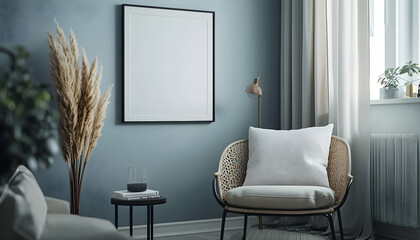 3D Illustration Interior Design Living Room Cozy Decor, Furniture, Plant, Window, Frame, Chair, Table