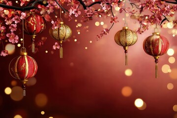 A festive banner with golden fireworks, hanging lanterns, and decorative cherry blossom branches in elegant red and gold tones.