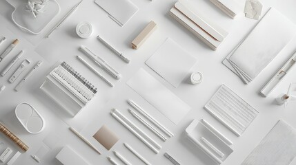 Minimalist Composition of White Office Supplies and Stationery Items