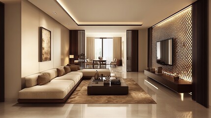Modern living room interior design with beige sofa, wooden coffee table, and large TV on a patterned wall.