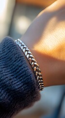 14. Close-up of a stainless steel bracelet being worn by a person with natural lighting