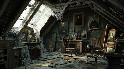 Dusty attic filled with vintage portraits and cobwebs in sunlight