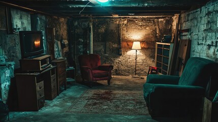 Naklejka premium Dimly Lit Basement with Vintage Furniture and Atmospheric Shadows