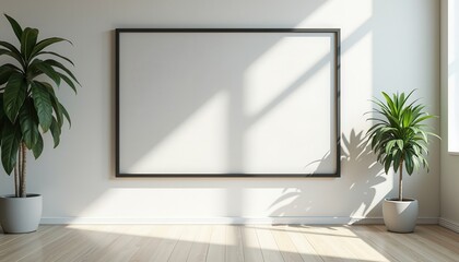 A minimalist blank poster frame in an office open to new messages or artwork.