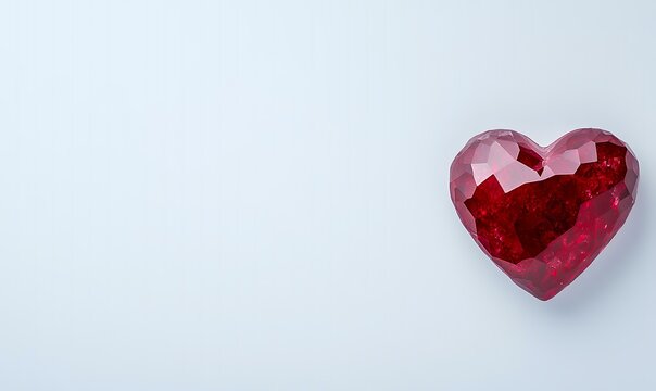 Red crystal heart on white background, minimalist design, Valentine's Day, copy space, romantic greeting card