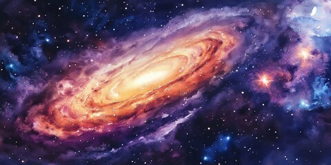 Obraz premium Watercolor depiction of a universe brimming with stars, vibrant nebula, and swirling galaxies. This universe scene showcases the beauty of cosmic elements in stunning watercolor artistry.