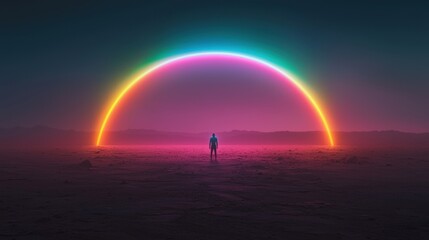 Surreal Landscape with Bright Rainbow Arch and Silhouette of Figure