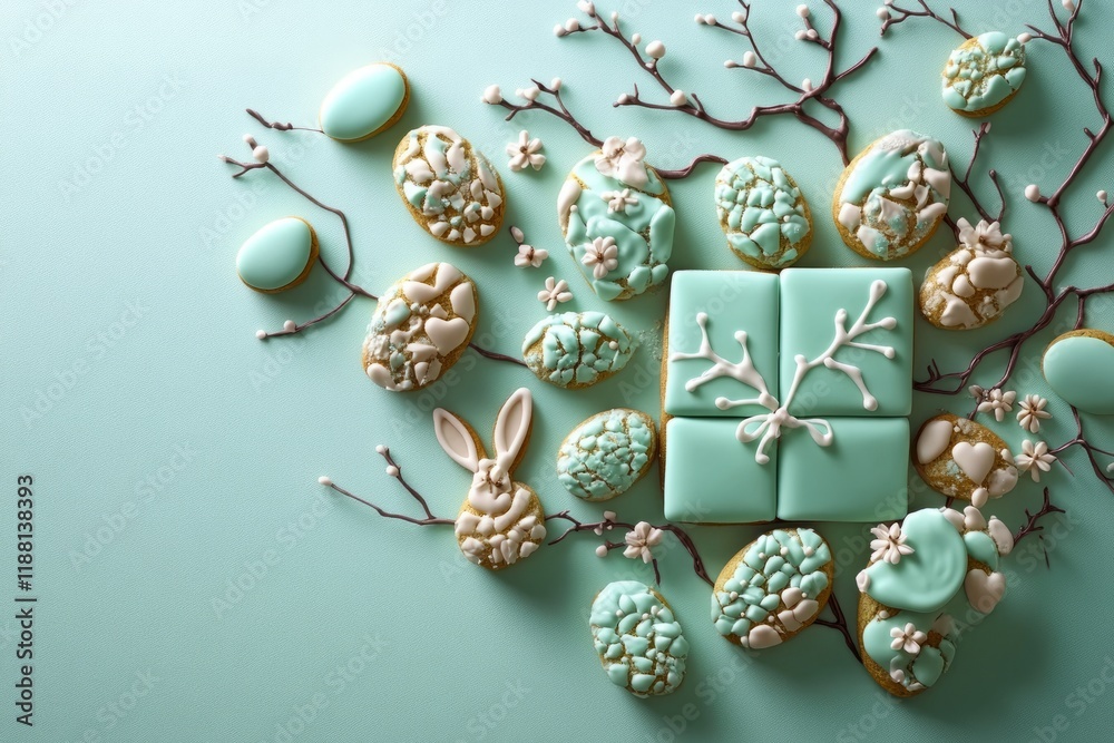 Poster Easter cookies with pastel blue and white icing, shaped as eggs and bunny, on a light blue background. Concept of festive treats