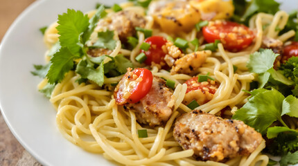 A plate of food with meat, vegetables, and pasta