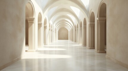 Fototapeta premium Sunlit arched hallway with marble floor and columns.