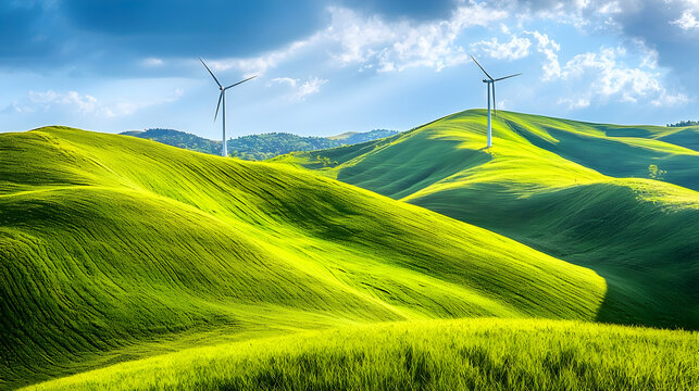 Rolling green hills, wind turbines, sunny day, Italian countryside, renewable energy