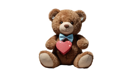 A teddy bear with a cute bowtie, holding a small heart-shaped chocolate box,