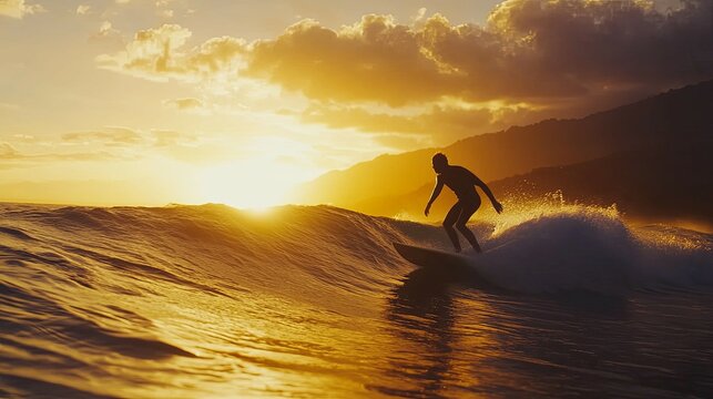 Golden Hour Surfer: Silhouette Surfing Sunset Wave - Powered by Adobe