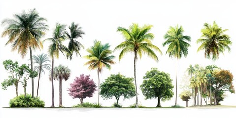 Fototapeta premium Tropical trees isolated on a white background, showcasing tropical trees that can be utilized for design purposes, emphasizing the beauty and versatility of tropical trees in various projects.