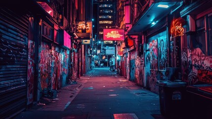 Fototapeta premium Urban Night Alley with Neon Lights and Street Art in City
