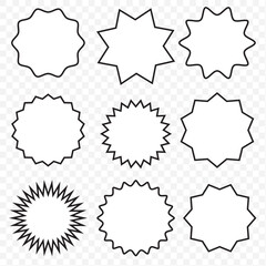 Set of red price sticker, sale or discount sticker, sunburst badges icon. Stars shape with different number of rays. Special offer price tag. Red starburst promotional badge set, shopping labels. 