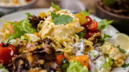 A plate of food with meat, vegetables, and pasta